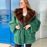 luxury women real mink fur jacket with fox fur hood thick warm natural fur overcoats woman high quality genuine mink fur coats