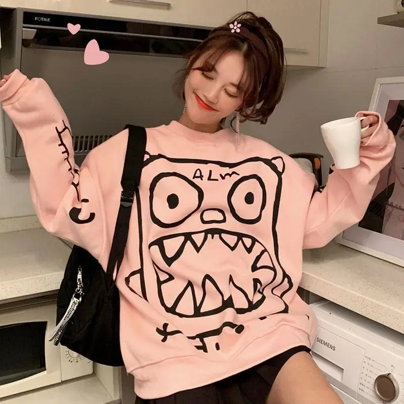 MISSKY New Women Sweatshirt Streetwear Loose Graffiti Cartoon Fleece Lined Pullover Jacket for Casual Campus in Autumn Winter | Женская