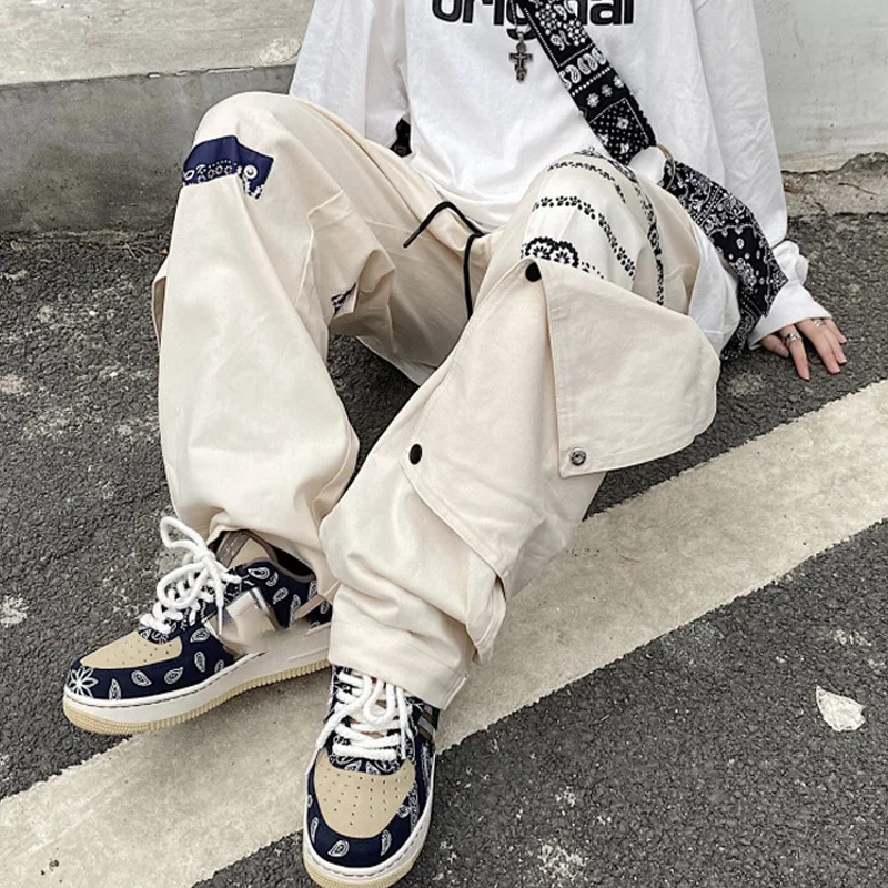 

White Punk Pants Black Trousers Male Cargo Pants Spring Autumn Paisley Hip Hop Harajuku Gothic Streetwear