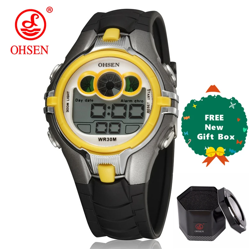 OHSEN Boys Kids Дети Кварцевые спортивные часы Будильник Дата хронографа Светодиодные задние фонари Водонепроницаемые наручные часы Студенческие часы - Цвет: yellow plus gift box