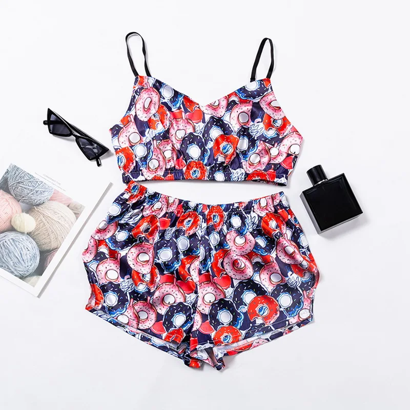 

2021 New Cute Print Pajama Sets Funny Pattern Pajamas for Women Strap Sleeveless Sexy Sleepwear Two Piece High Quality