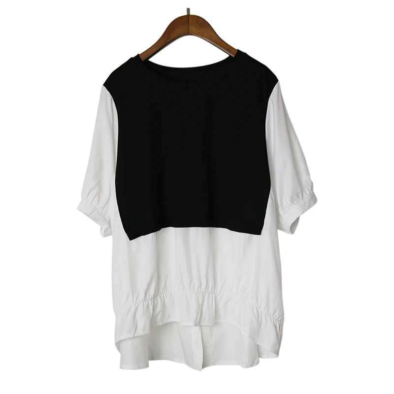 

210339 Summer New Style Short Sleeve T-shirt Female Fake Two Pieces Fashion Loose Slimming O-neck Women Tops