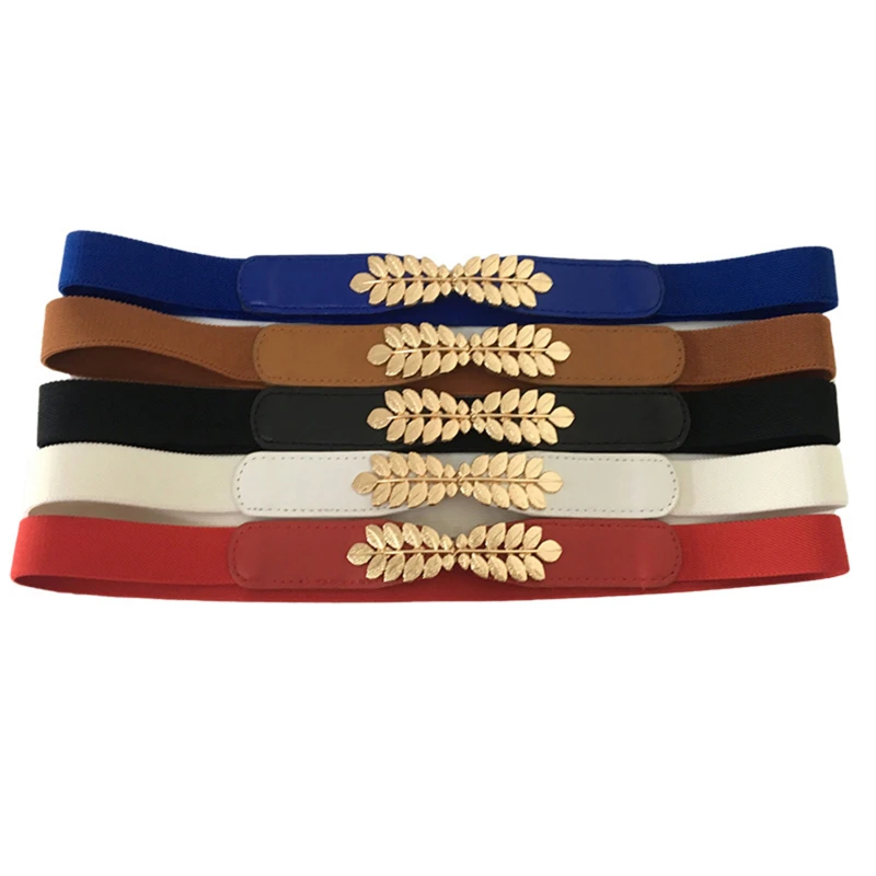 

Women Elastic Waist Belt Ladies Fashion Leaves Buckle Dress Slim Shiny Skinny Leather White Black Blue Female Belt Accessories