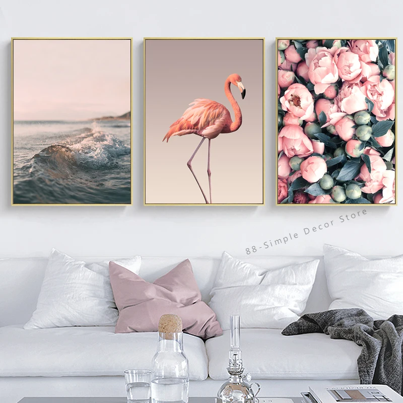 

Nordic Canvas Painting Romantic Flamingo Rose Sea Wave Print Animal Painting Modern Poster Home Decoration Picture No Frame