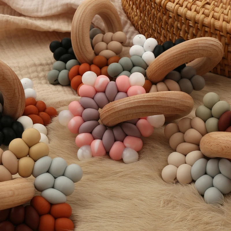 

1PC Baby Silicone Teether Gym Play Beech Wood Ring Teething Bracelet Pendant Silicone Beads Montessori Baby Products Toys