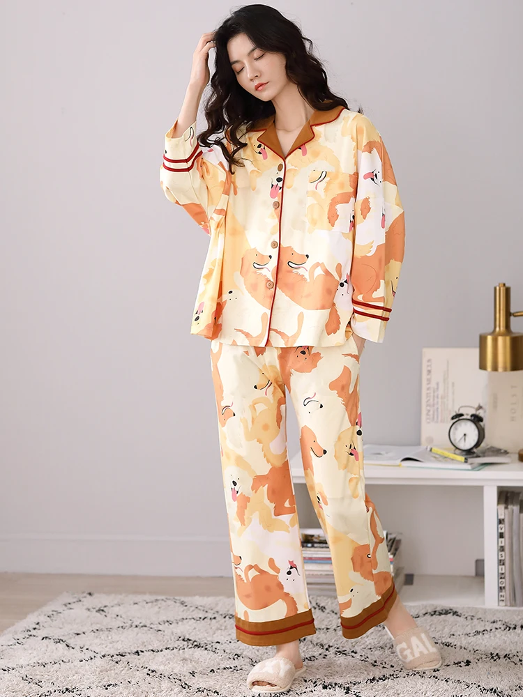 Plus Size 100% Cotton Irregular Printing Sleepwear Women Pajama Set Interesting Animal Pattern Home Wear Ladies Long Pant Suits