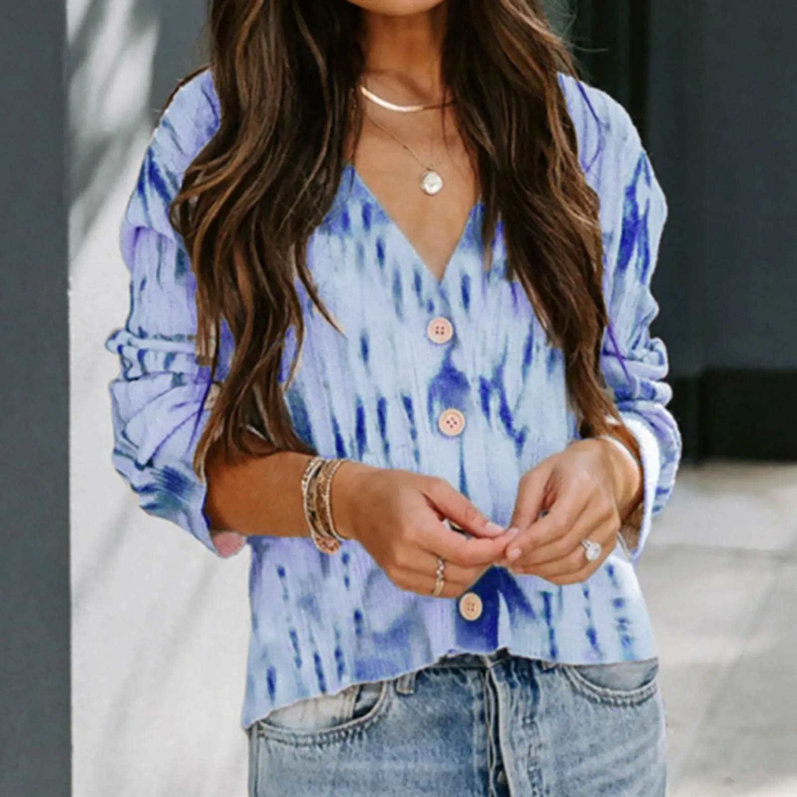 

Women Button Cardigan Sweater Knitted Loose Oversized Top Jacket Gradient V-neck Tie-dye Blouses Cardigans Coat Tops chaquetas
