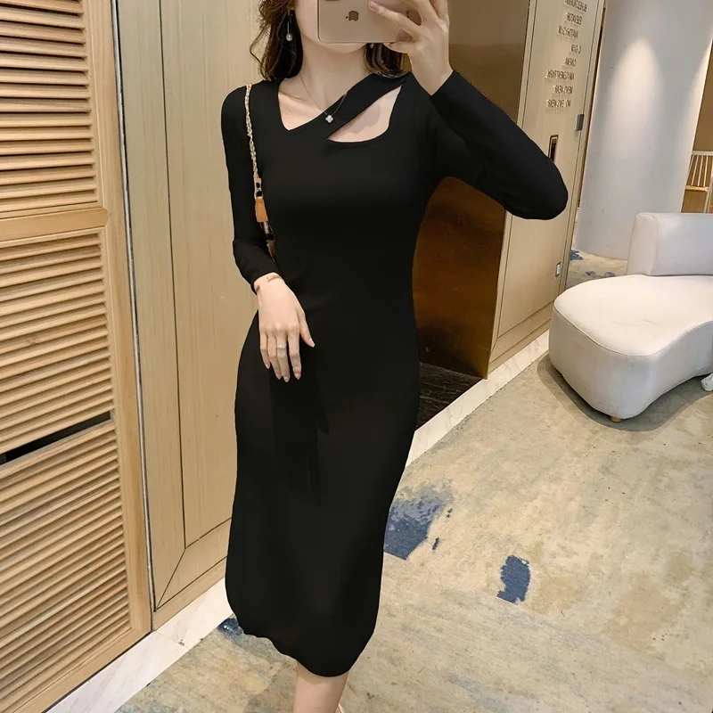 

Winter French Style Retro Design Scheming Little Black Dress Slim Mid-Length below Knee Inner Bottoming Skirt Jum