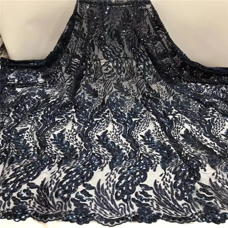 Madison Nigerian Lace Fabric 2019 High Quality Sequin Navy blue Embroidered Tulle African Pink 5Yards | Дом и сад