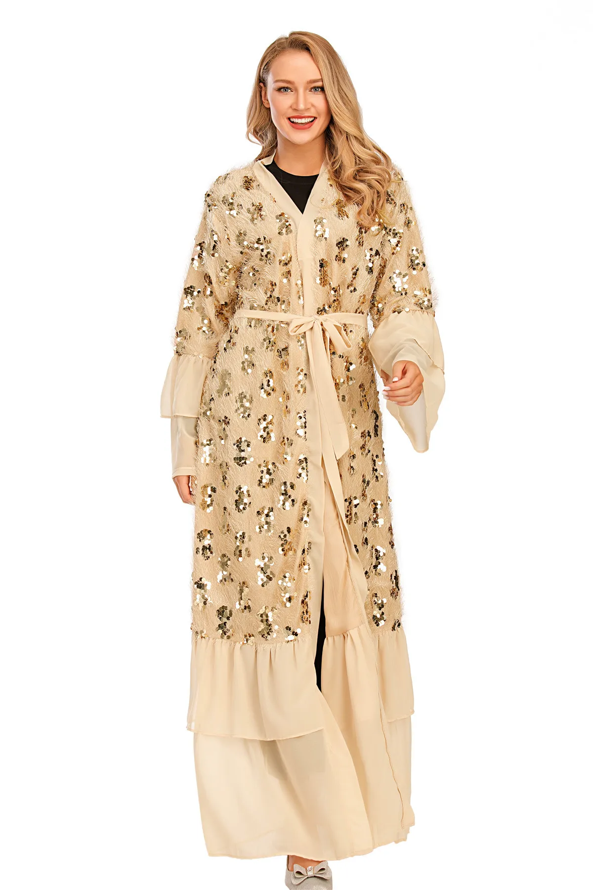 Женское шифоновое платье с кисточками и блестками, длинное мусульманское платье макси с длинным рукавом и открытой строчкой, повседневные ...
