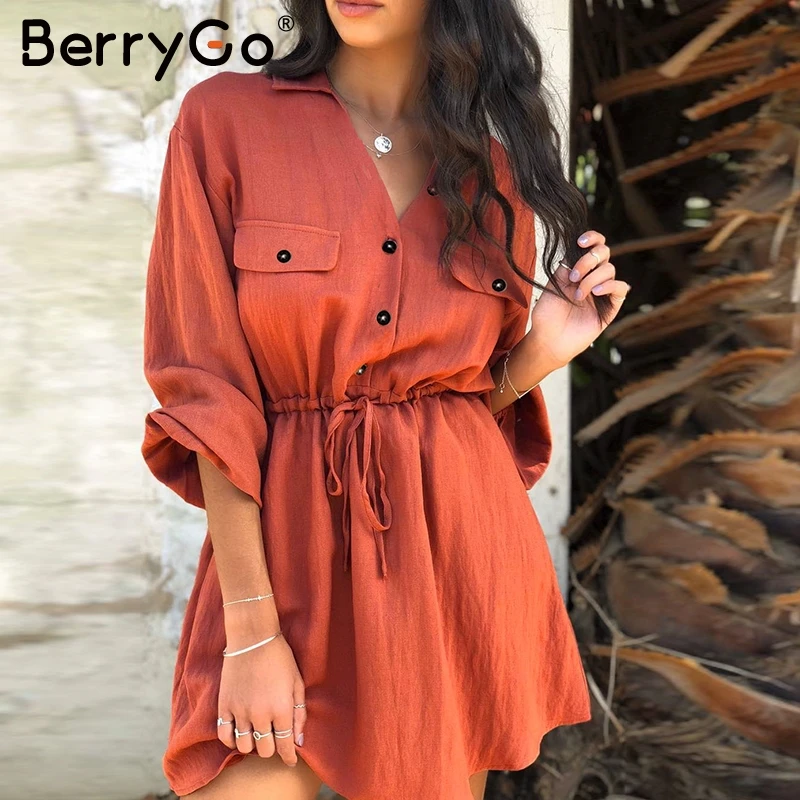 BerryGo льняные платья, женское платье-рубашка, платье с длинным рукавом, элегантное женское платье на пуговицах, vestidos, винтажные летние мини платья, повседневные
