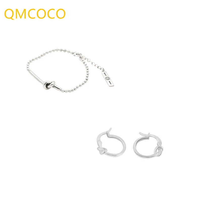 

QMCOCO 925 Silver Trendy Metal Hoop Earring Retro Knot Circle Korean Woman Earring+ Bracelet 2PCS/Set Accessories Unique Jewelry