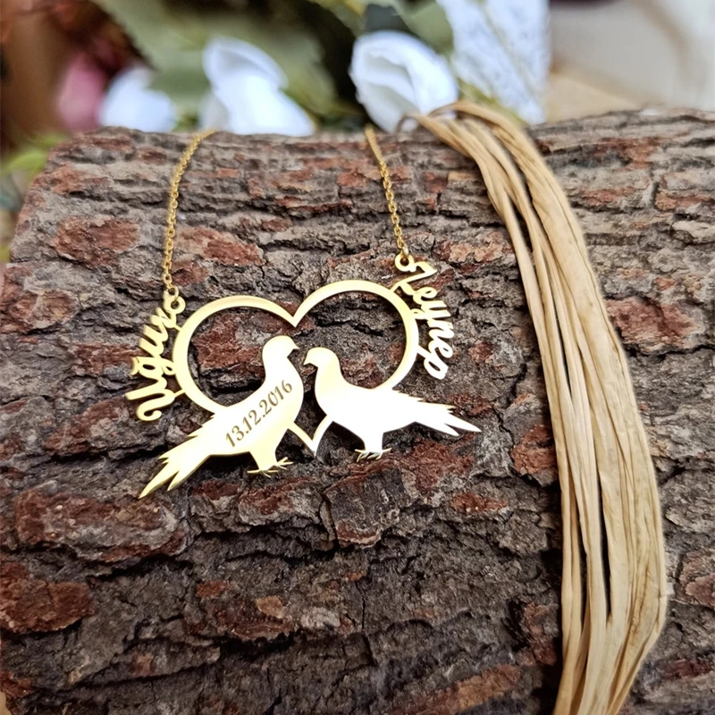Романтическое ожерелье с птицами на заказ персонализированное именами пар кулон