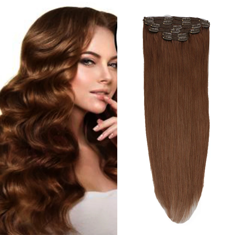 

Toysww Hair Extension Clip Human Hair Light Brown Color #6 Real Hair Extensions Full Head 6Pcs/Set 120G 100G