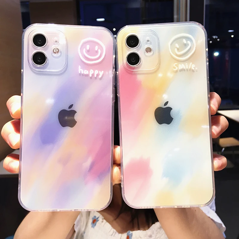 

Watercolor Rainbow Smile Phone Case For iphone 13 Pro Max 12 Mini 11 X XS XR 7 8 Plus Cute Cartoon Colorful Clear Soft TPU Cover