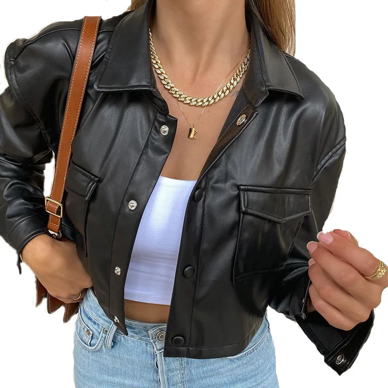 

Women's Short Faux Leather Jacket Spring Black Jackets Bomber Coat Woman Top Pockets Pu Turn-Down Collar Streetwear Full Sleeve