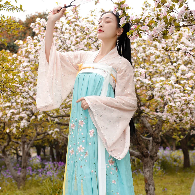 

modern hanfu woman set Chinese style costumes female elegant Korean clothing yarn Super nice blue skirt student ancient costume