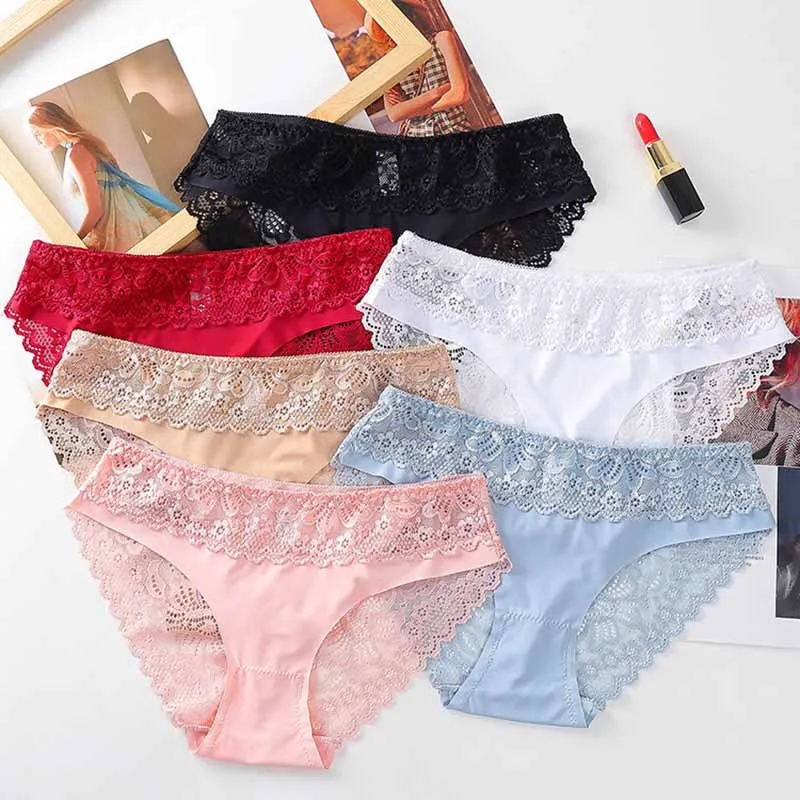 Трусы женские бесшовные кружевные M/L/XL однотонные дышащие эластичные со средней