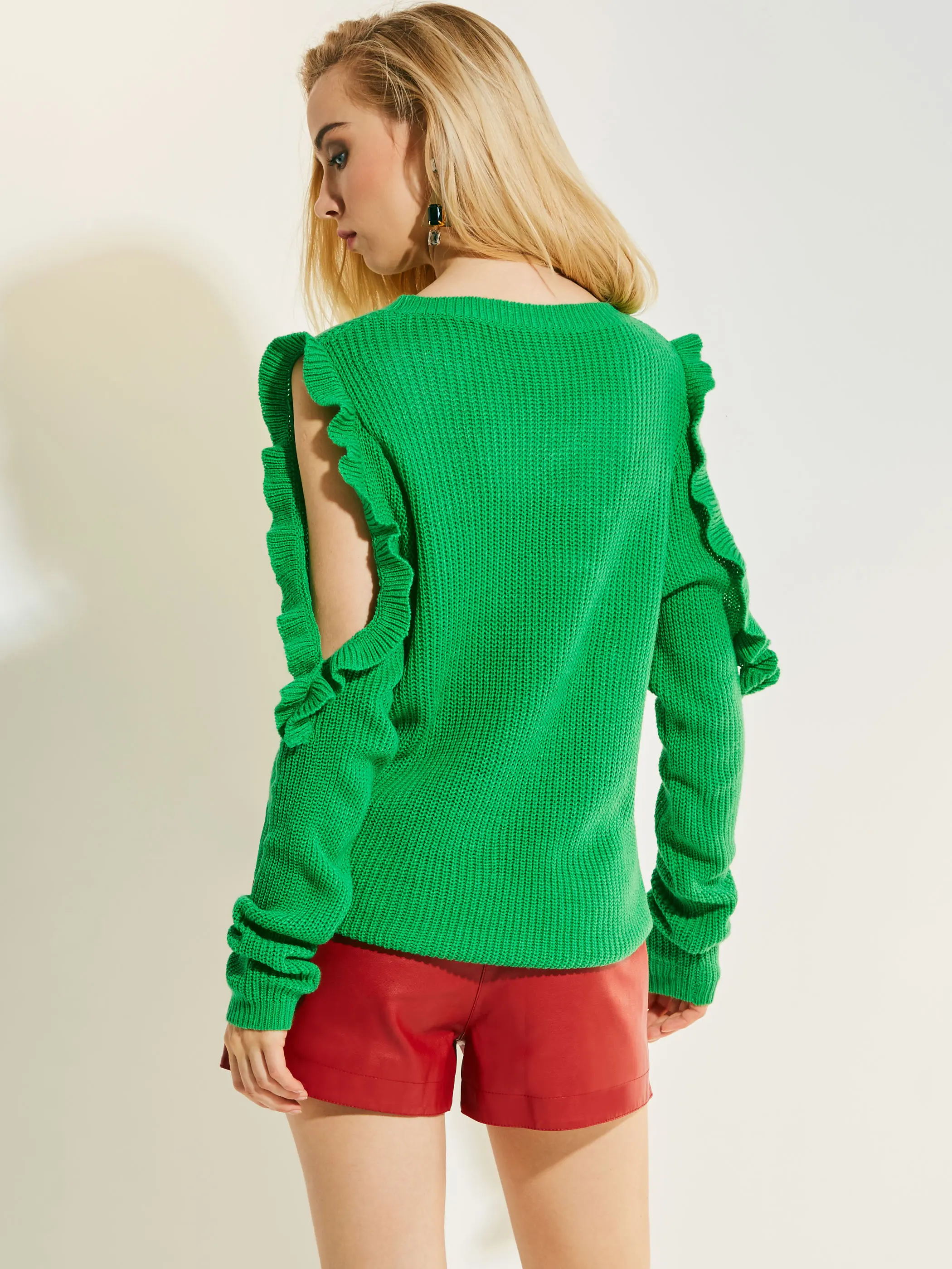 Women Sweaters Casual Green Office Lady Spring Travel Loose Solid Falbala Tops Female Fashion Elegant Hip Hop Sexy Knitwear | Женская