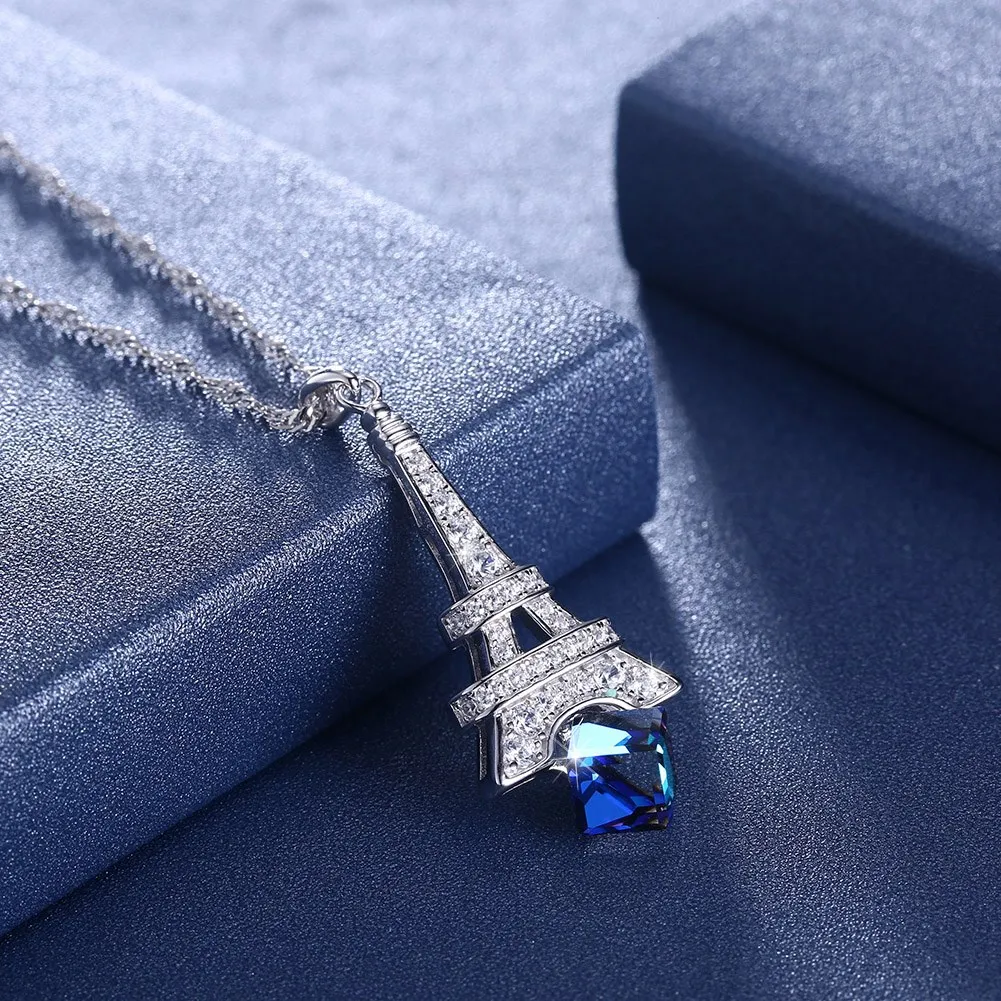 Hemiston 100% 925 стерлингового серебра Эйфелева башня Синий хрустальным кулоном