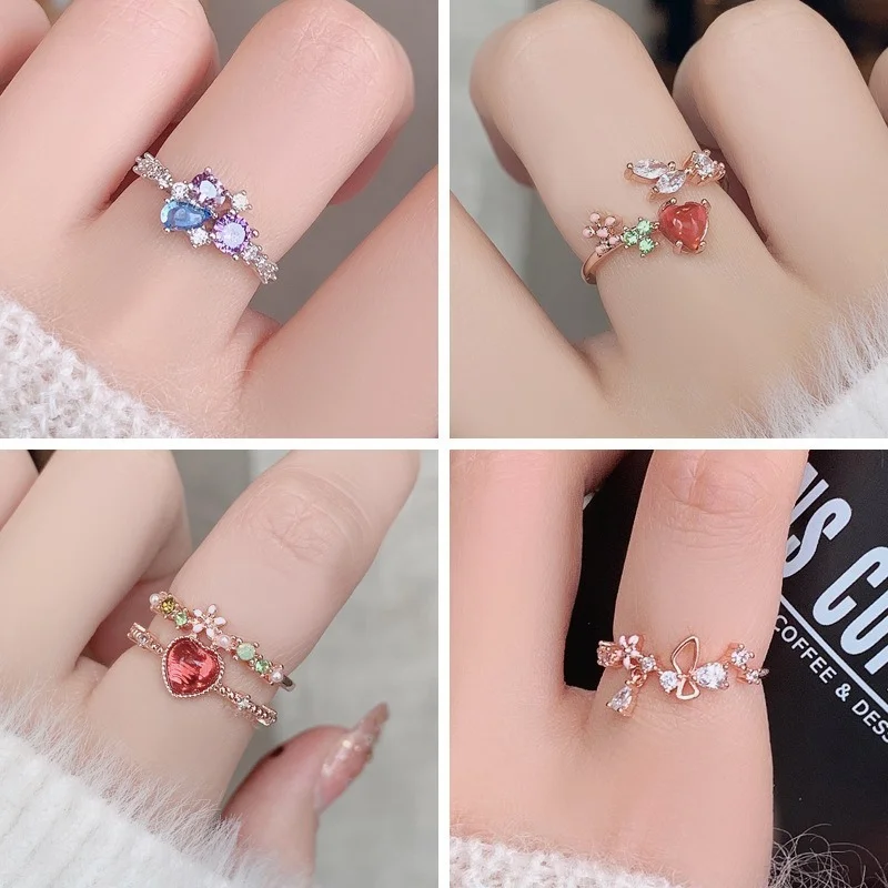 

New Korean Colorful Flower Zircon Open Ring with Diamond Rose Heart Shape Jewelry for Women Girls Exquisite Birthday Gifts