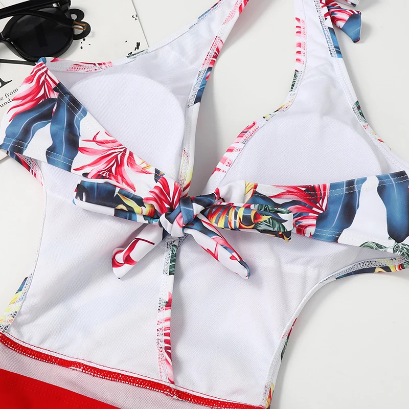 

New Women One-piece Swimsuit Deep V Halter Neck Beach Bikini Padded Bathing Suit with Plants Printed for Summer ED889