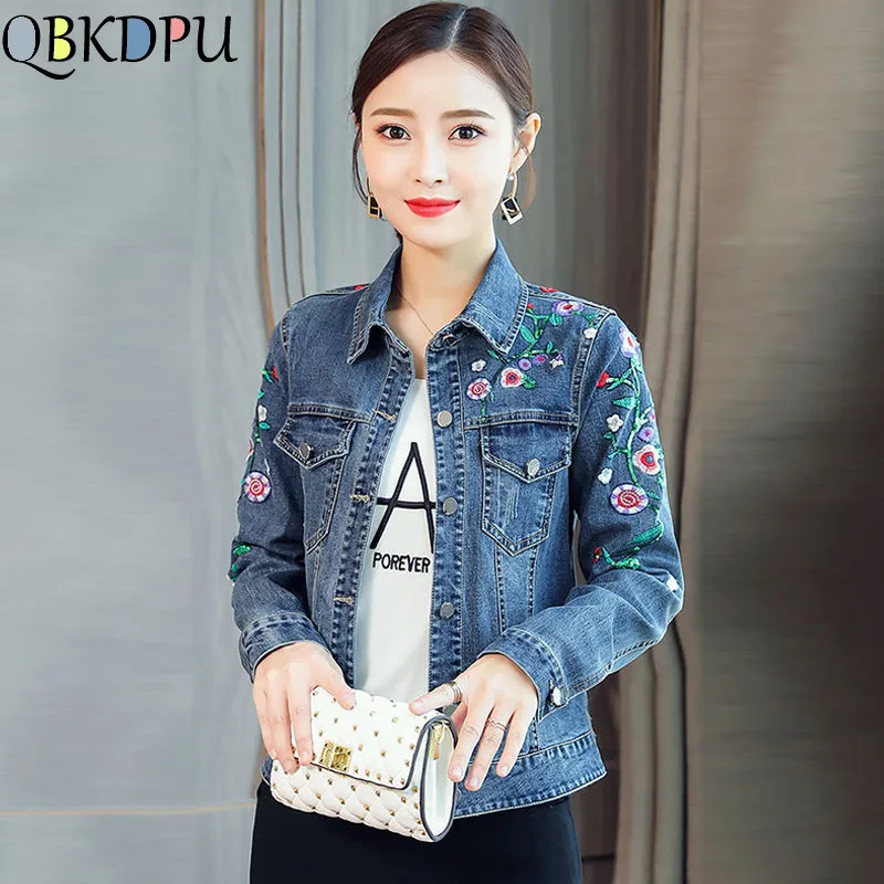 Размера плюс мульти джинсовая куртка с цветочной вышивкой женские тонкие