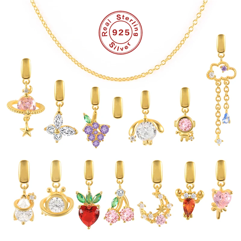 

MC 925 Sterling Silver Charms For Women Girl's Necklace New Zircon Fruit Taikonaut Alien Rocket Moon Candy Cloud Cherry Pendant