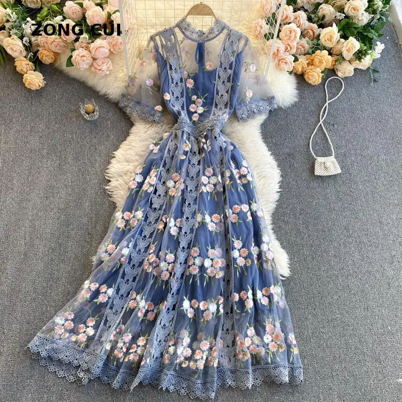 

New Summer Runway Flower Embroidery Dress Women's Flare Sleeve Stand Floral Blue Hollow out Embroidered Long Mesh Dresses