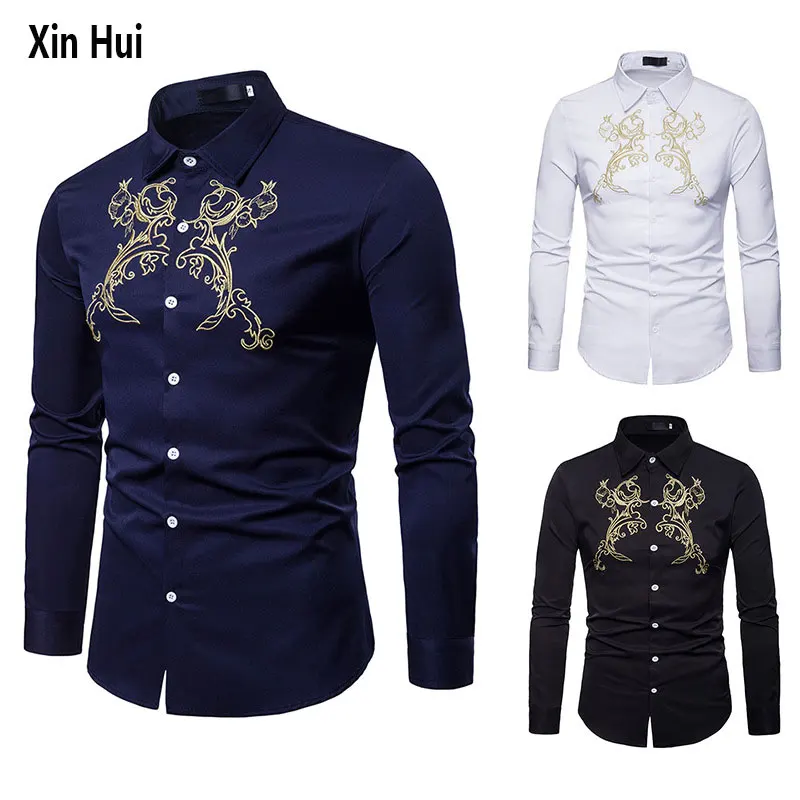 

Men's Boutique Fashion Embroidered Shirt Men's Royal Palace Embroidered Lapel Large Size Long Sleeve Shirt