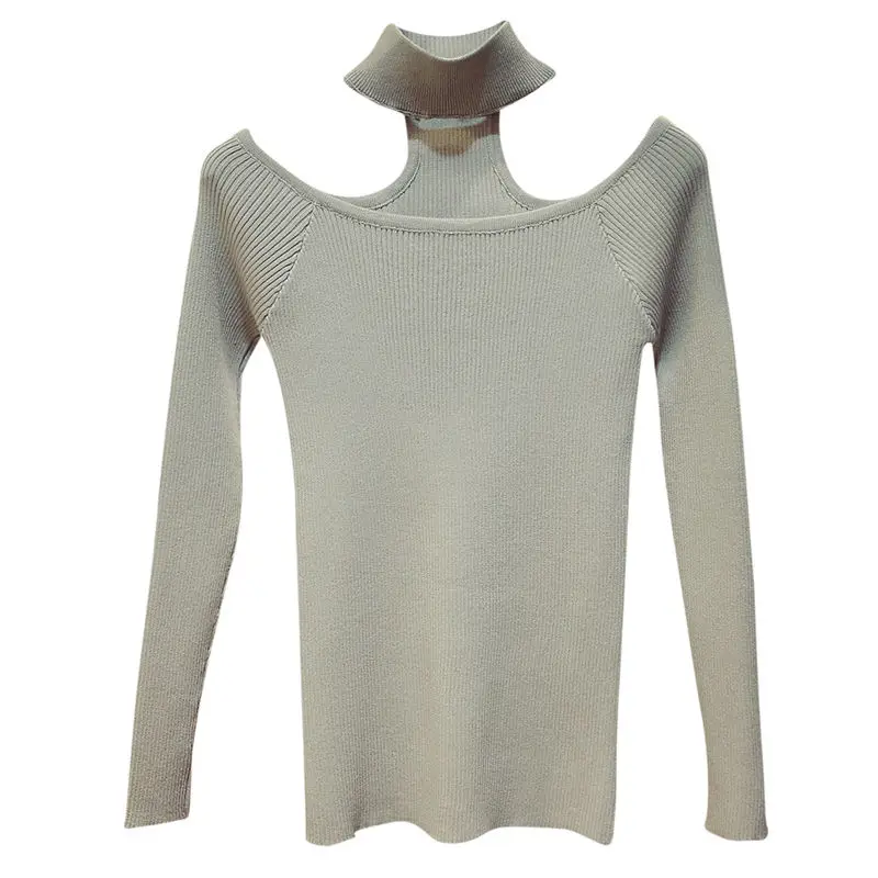 

One-character collar halter long sleeve sweater women's base thin sweater sexy foreign style shoulder top Autumn New ins