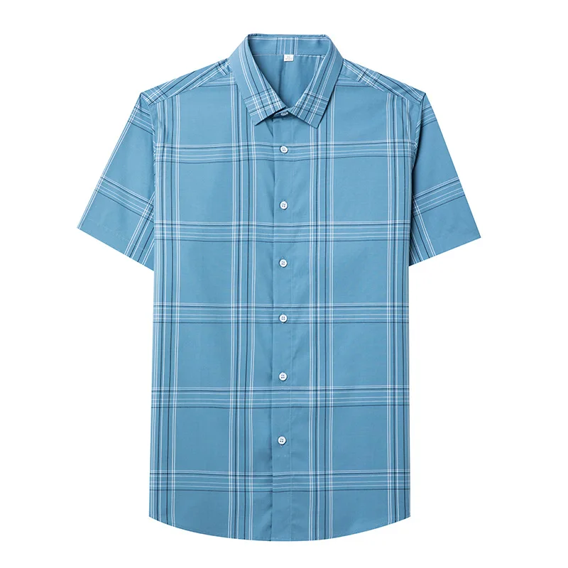 

Alihu men's summer new casual Lapel Blue Short Sleeve Shirt Men's middle-aged business Plaid Shirt