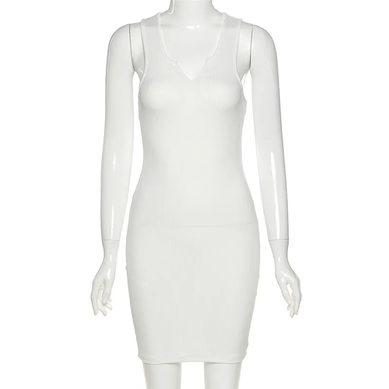 

Cotton sleeveless v-neck women dress elastic fitness fashion solid white skinny bodycon mini dresses streetwear outfits