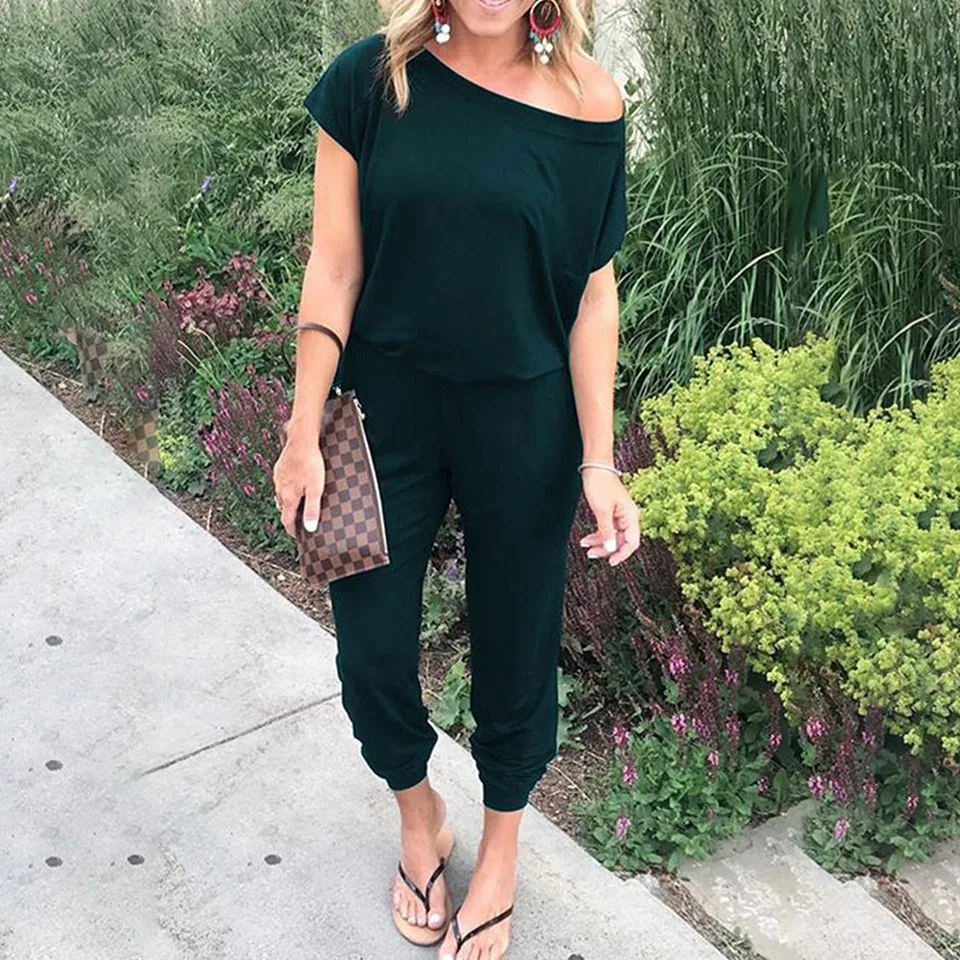 

Scoop Neck One Shoulder Jumpsuit Solid Short Sleeve Korean Fashion Jumpsuit Sexy Casual Women Playsuit Street Wear Plus Size 3xl