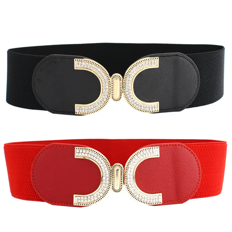 

Fashion Wide Women Belts Elastic Canvas PU Leather Cummerbund Metal Hook Waist Belt Waistband Designer Belts For Women