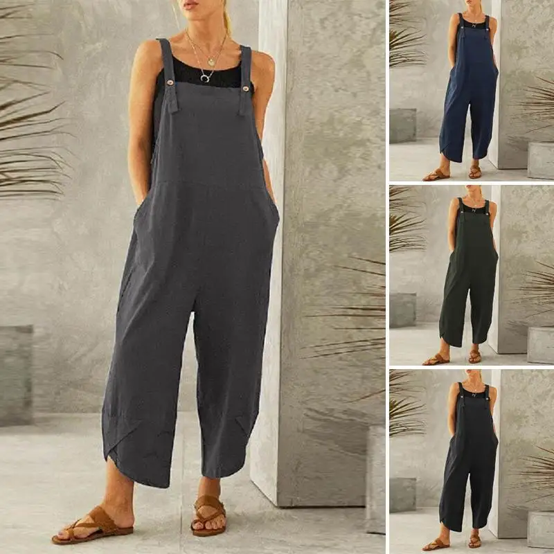 

VOLALO Womens Jumpsuits 2023 Wide Leg Overalls Denim Blue Dungarees Rompers Sleeveless Adjustable Strap Button Summer Pants