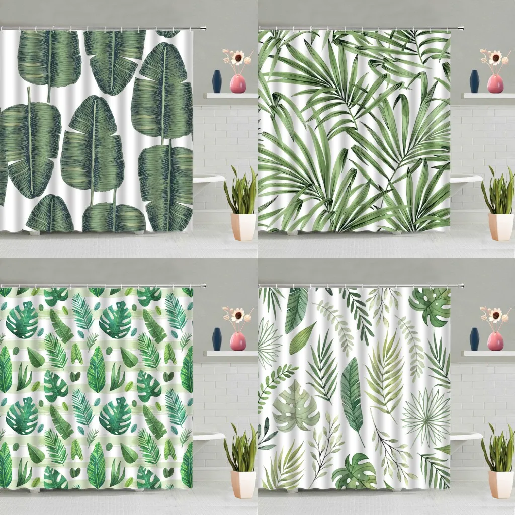 

Green Leaves Plants Shower Curtain Simple Living Room Background Bathroom Decoration Curtains Washable With Hooks Home Decor