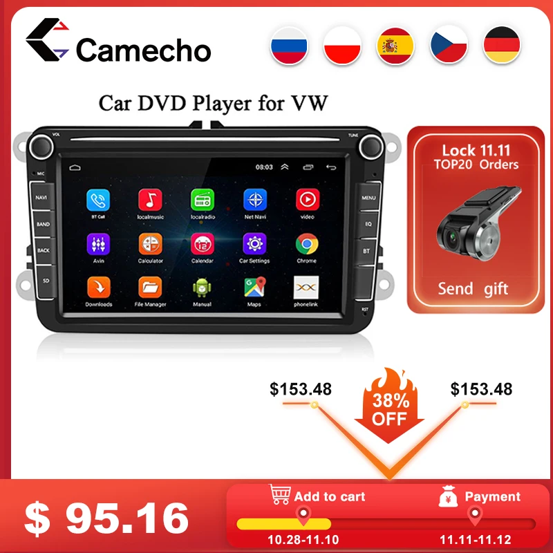

Camecho 2din Car Radio GPS Android 8.1 For VW/Volkswagen/Golf 4 5/Polo/Tiguan/Passat/b7/b6/Leon/Skoda/Seat/Octavia Autoradio