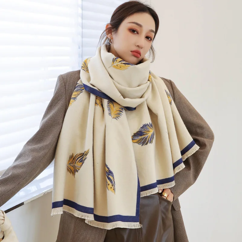 Шерстяной шарф женская зимняя Корейская версия перьевая ткань утолщенный теплый шейный кашемир зимняя длинная Двусторонняя шаль