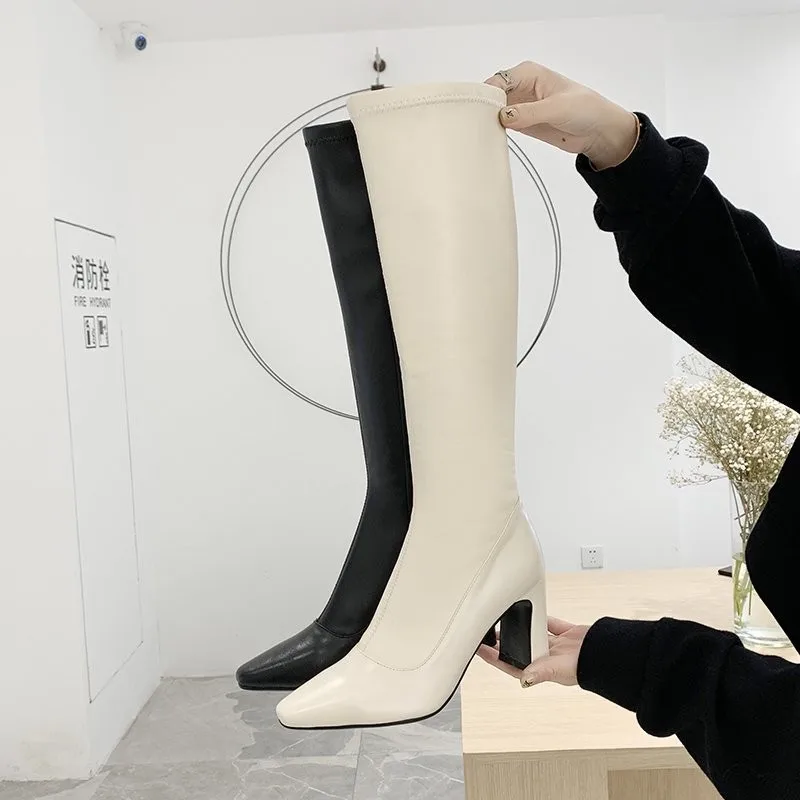 2022 white black white ladies knee high boots PU leather pointed toe ladies short plush ladies winter boots