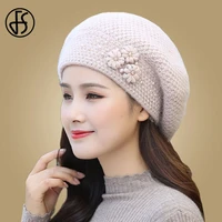 fs winter beret women hat angora rabbit fur winter warm flower soft double layers thermal snow outdoor accessory female 2020