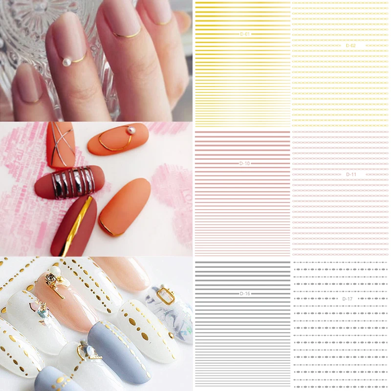 

1 Sheet Gold Silver 3D Nail Sticker Curve Stripe Lines Nails Stickers Convenient Adhesive Striping Tape Nail Art Chain Dot Decal
