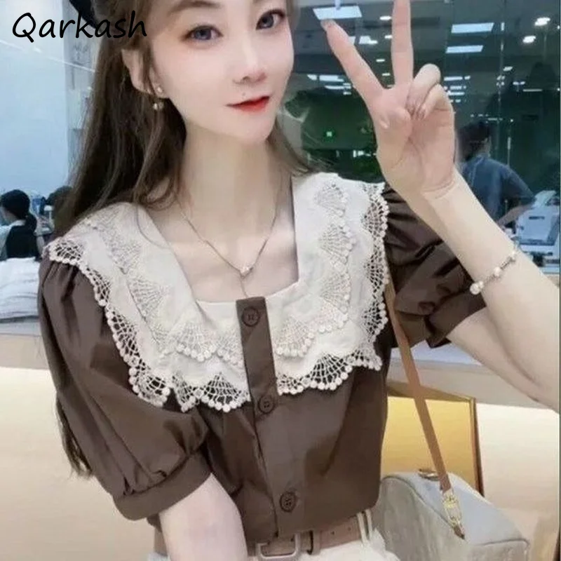 

Blouses Women Korean Style Summer Tops 2021 Blusas Mujer Lace Patchwork Design Square Collar All-match Elegant Short Sleeve Ins