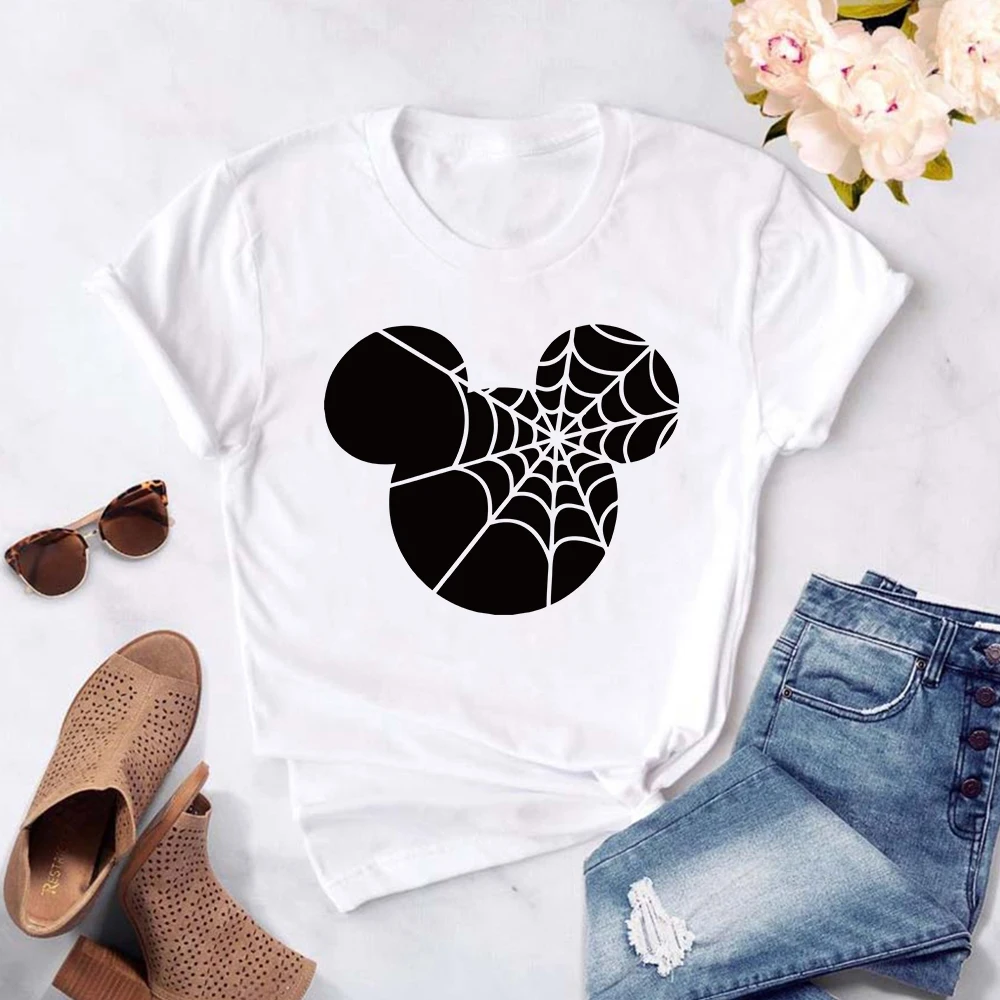 

Футболка женская с принтом головы Микки Мауса, паука и паутины
