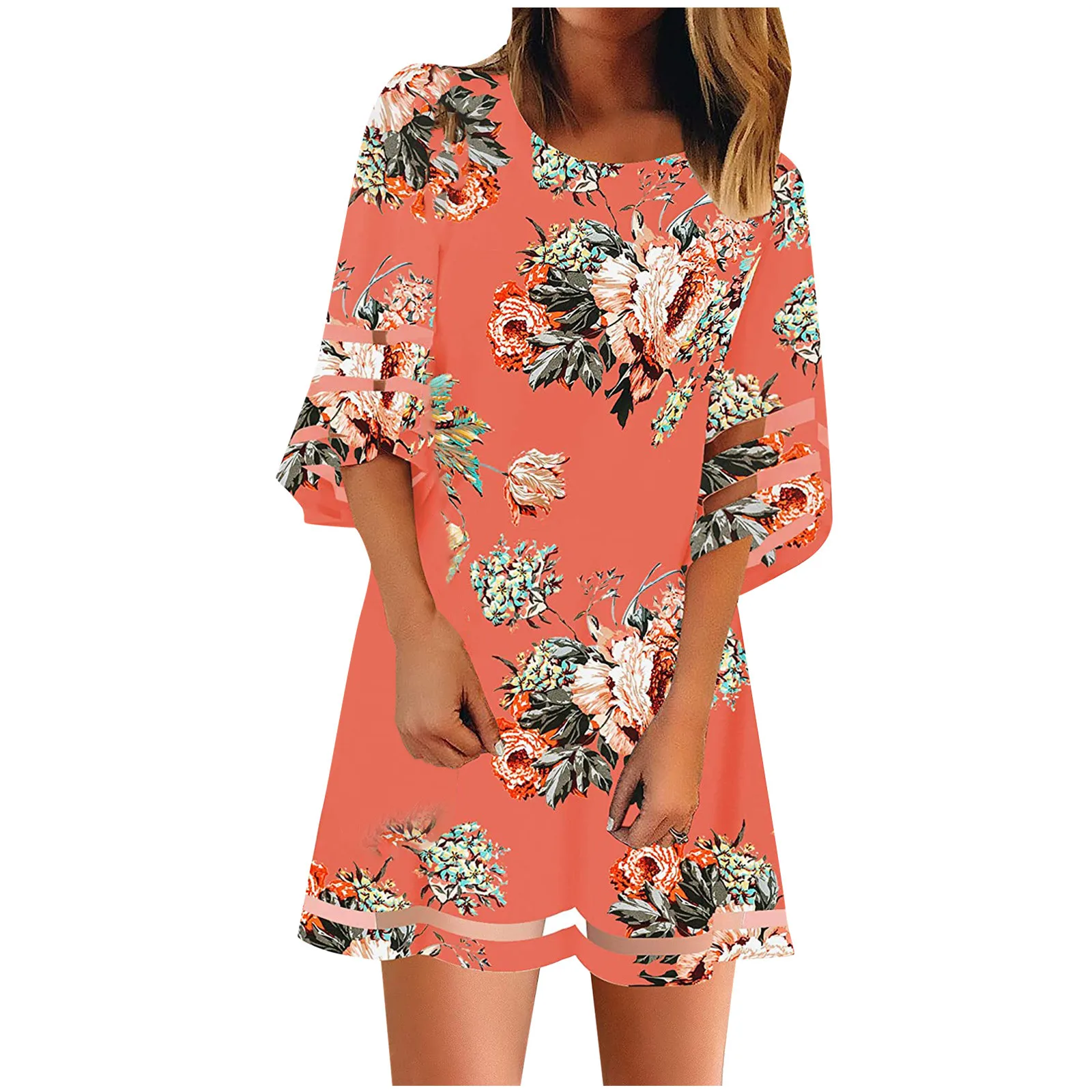 

Summer Dress Fashion Women Casual V-Neck Net Yarn Flared Sleeve Printing Loose Dress 2021