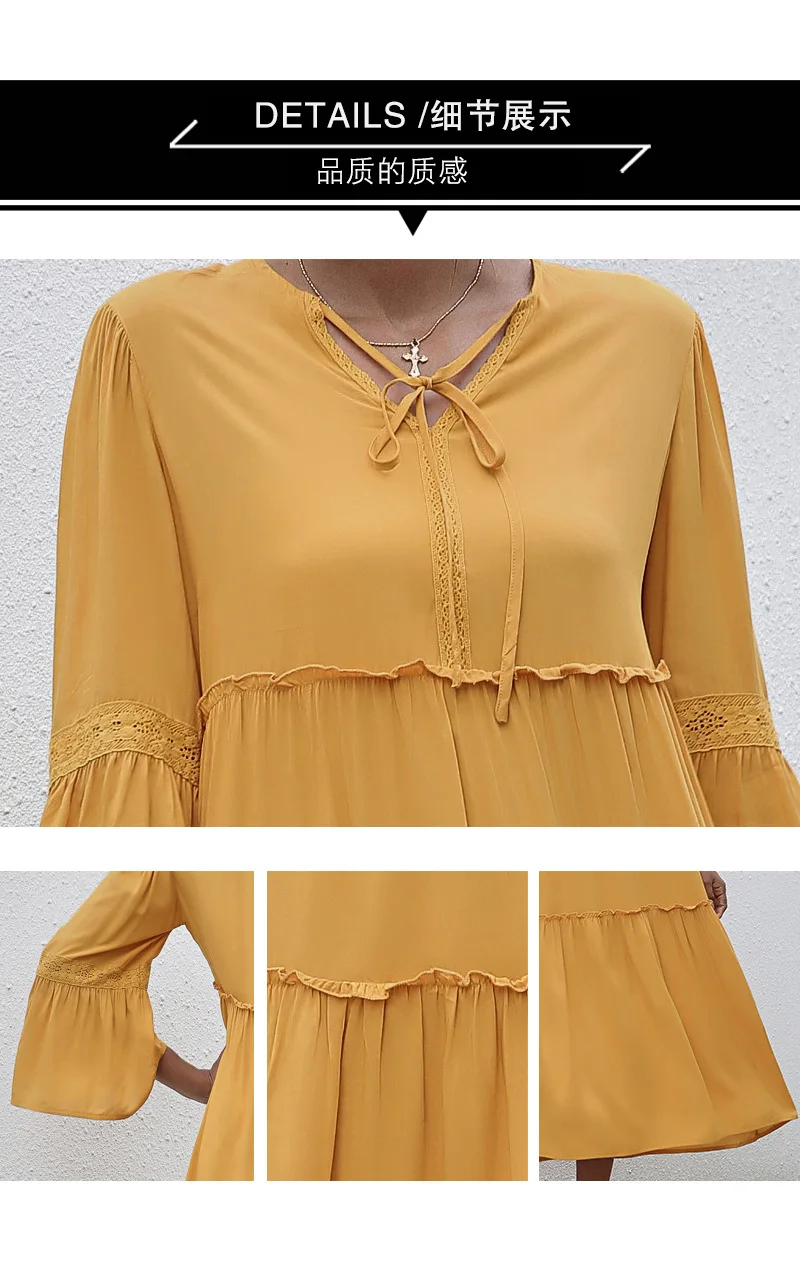 

Long Sleeve Women Ruffles Dress Solid Color Slim Clothing Cotton Loose Long Dresses Female Autumn Casual Yellow Vestidos 2020