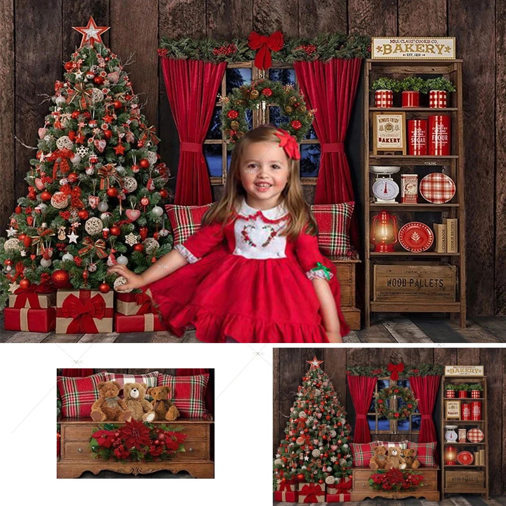 

Photography Background Christmas Windows Toy Bear Backdrop Cupboard Xmas Tree Gift Boxes Wood Wall Photo Backdrop Studio Props