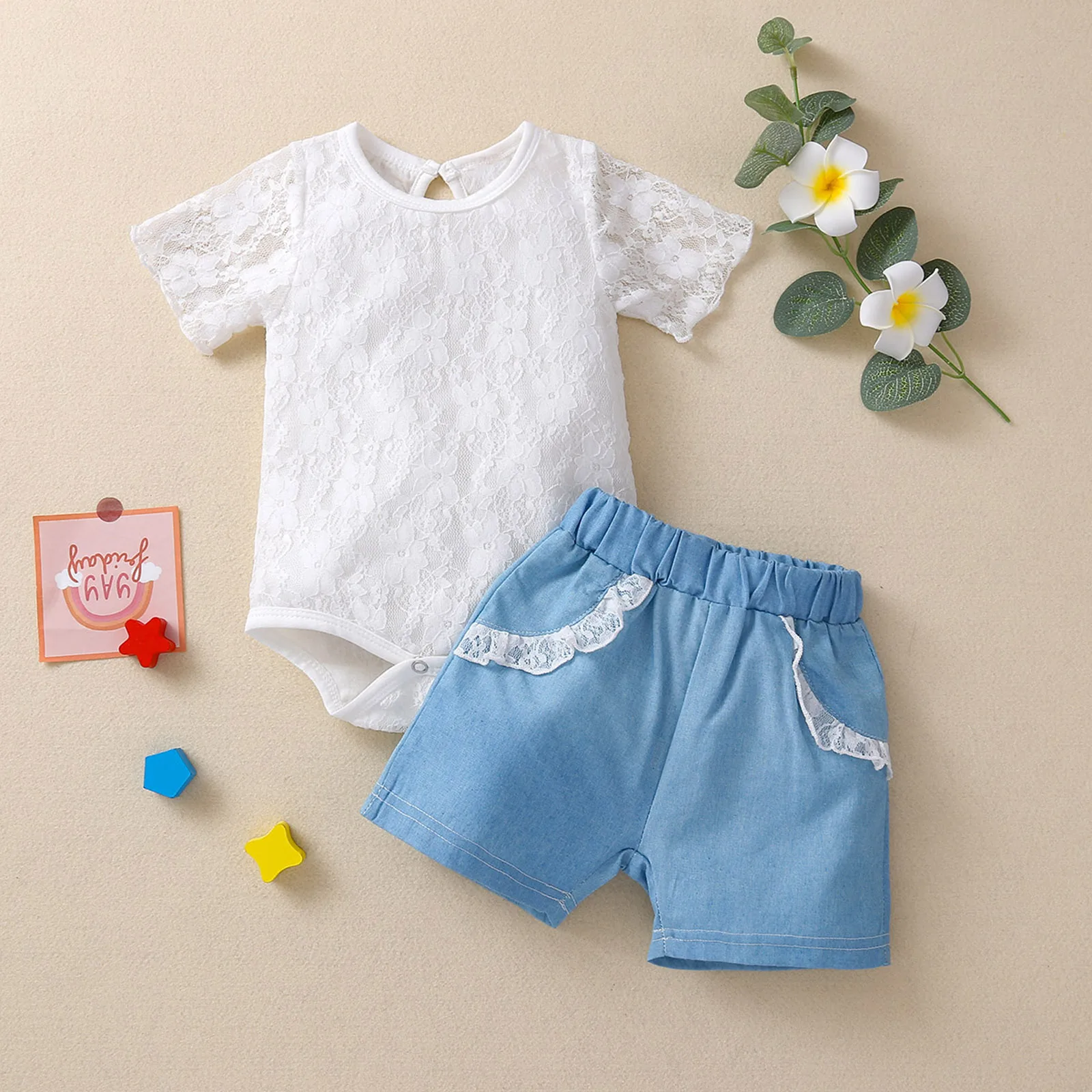 

Fashion Baby Sleeveless Lace Romper + Denim Shorts with Ruffle Decoration Elastic Waist Summer Clothing Set