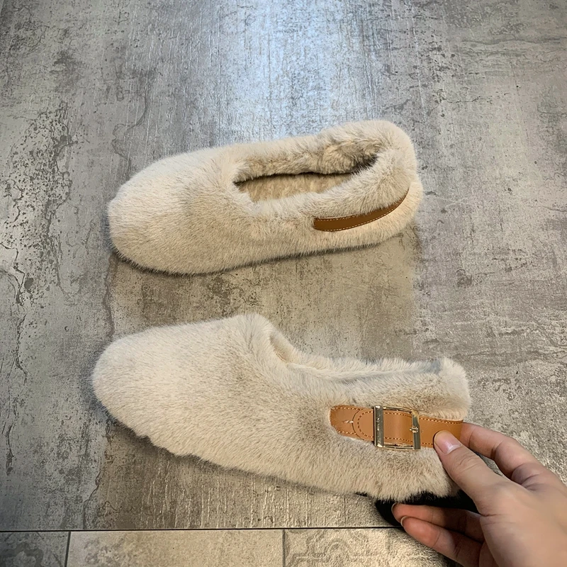 

DLEK Flat Shoes Women Winter Warm Fluffy Warm Leisure Slip-On Round Toe Loafers Shallow Buckle Non-slip Ladies Shoes