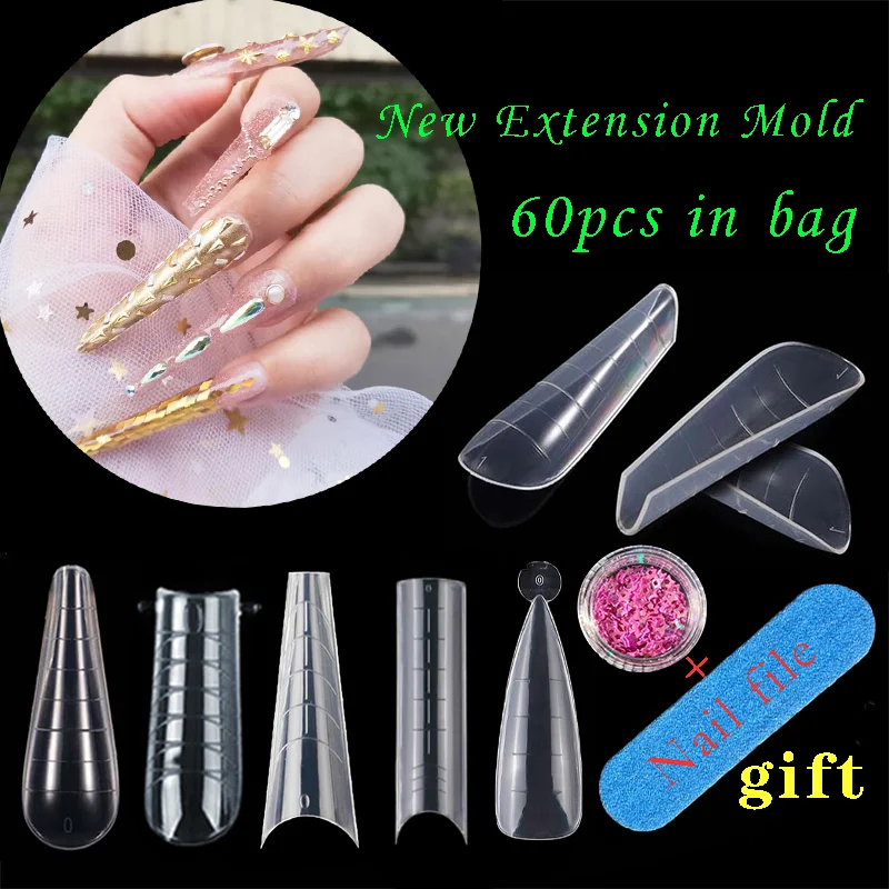 

60pcs Acrylic Nails Quick Building Gel Extension System Molds Square Stiletto Tips Sharp False Nail Forms Apply On Salon Extend